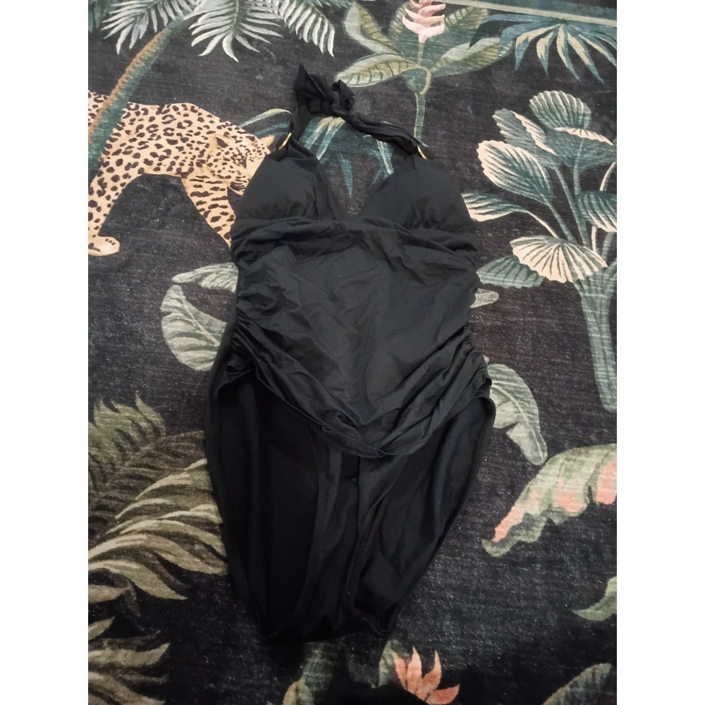 Lauren Ralph Lauren Black One Piece Halter Swimsuit Ruched Gold Ring Size 8